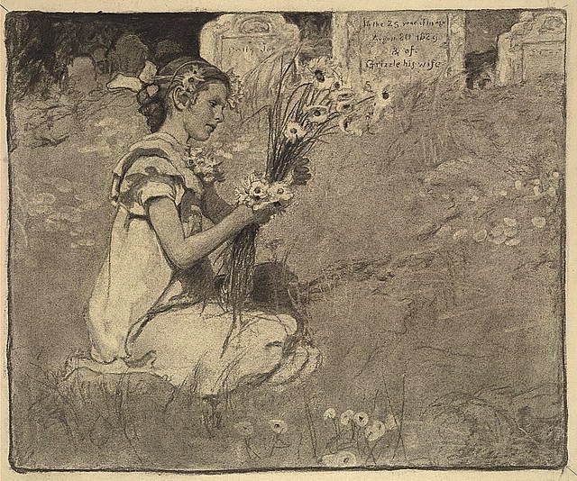 A charcoal drawing by Elizabeth Shippen Green showing a girl gathering flowers in a graveyard