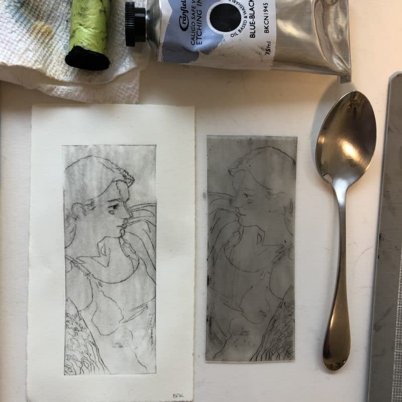 A petite drypoint print, pulled from a piece of recycled plastic, transferred with a spoon, on BFK Rives lightweight paper, using Cranfield Caligo Safewash etching ink.