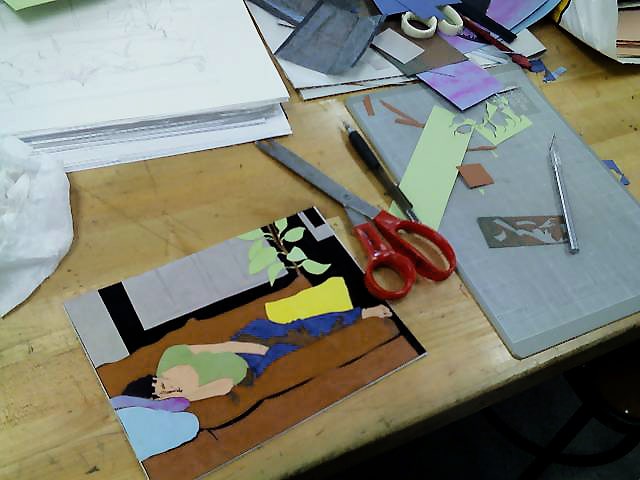 a mat board and construction paper collagraph plate in process, showing a reclining figure on a couch