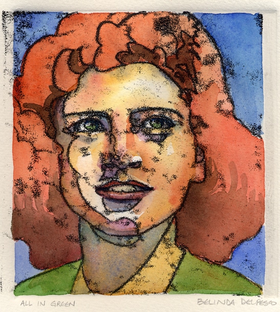 A trace monotype print with watercolor washes of a red headed girl with green eyes and a green collar