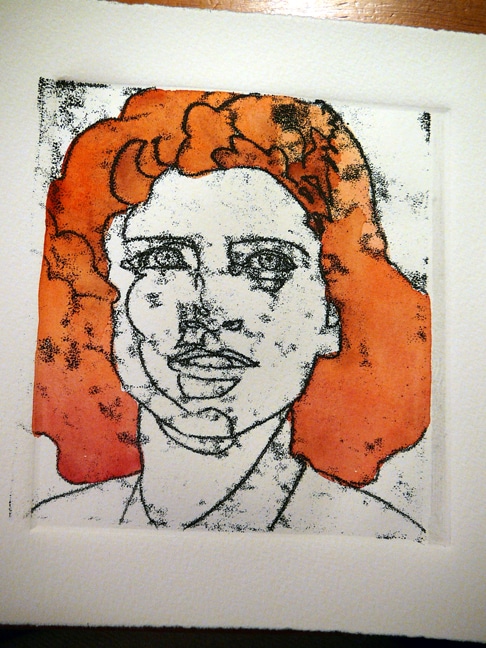 a linear trace monotype of a young girl's face with the first washes of red hair in watercolor
