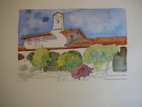 process of making a trace monotype of a California mission, and painting it with watercolor
