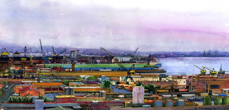 A watercolor painting of the Nass of shipyard in San Diego, California 