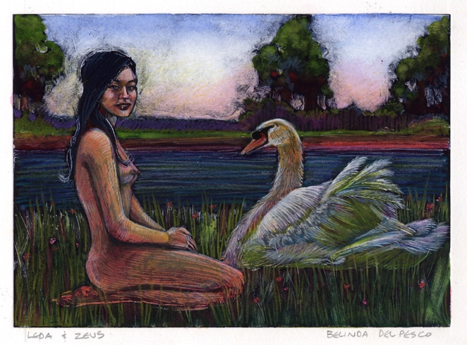 a dark field monotype with colored pencil of a nude woman sitting on her folded legs by a pond, talking to a beautiful swan, titled Leda and Zeus