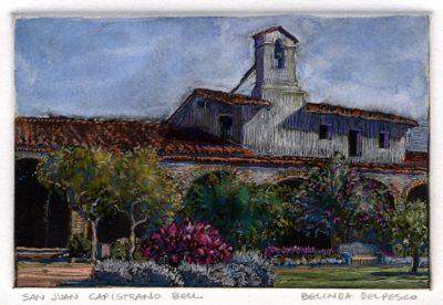dark-field-monotype of the mission bell at San Juan Capistrano