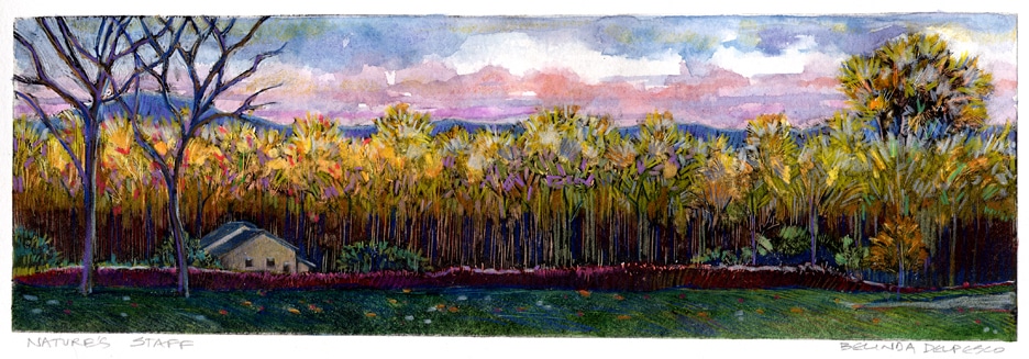 a monotype of a Fall colored horizon line