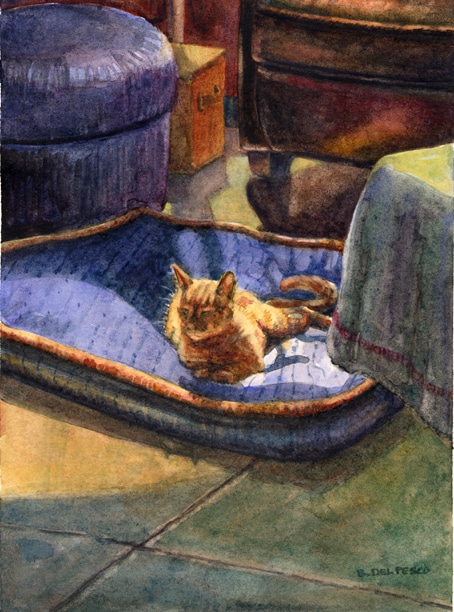 an orange striped kitten snoozing in the sun on a very large dog bed, in watercolor