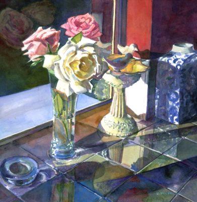 floral watercolor painting of pink and white roses in a vase in front of a window on reflective tiles by Belinda Del Pesco