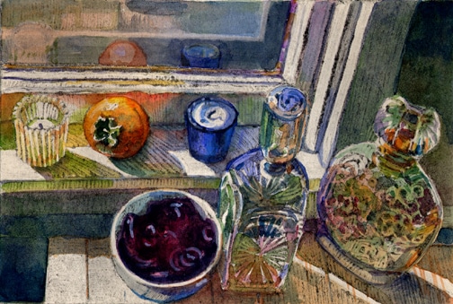 a monotype ghost print with watercolor of ornate glass bottles, a bowl of dried rose petals and a persimmon on a sunny window sill