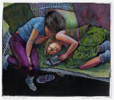 a monotype of two sister on a chaise reading a book together