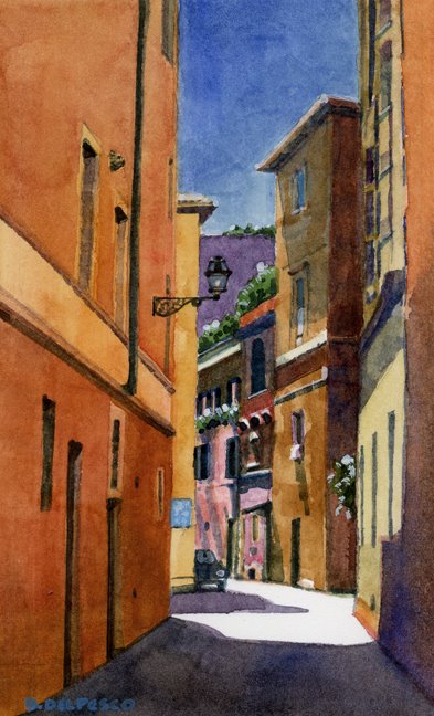 A watercolor of a street in Rome by Belinda Del Pesco