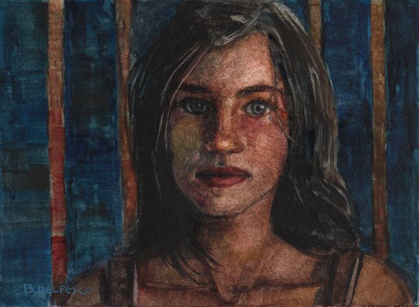 a small drybrush watercolor portrait by belinda del pesco of an adolescent girl's face
