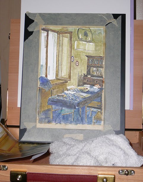 the beginnings of a roomscape painting in transparent washes of watercolor