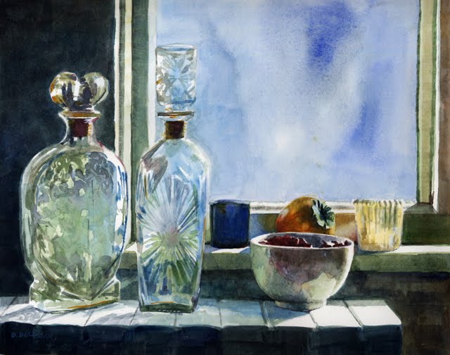 Still life of glass and a persimmon