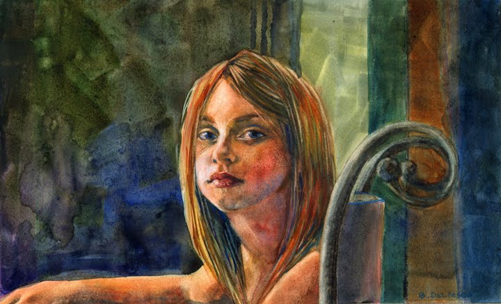 a watercolor painting portrait of a young girl looking directly at the viewer