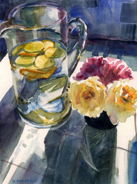 Watercolor still life water and roses with a glass pitcher