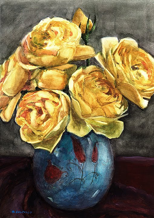 a watercolor painting of flowers - yellow roses in a blue vase