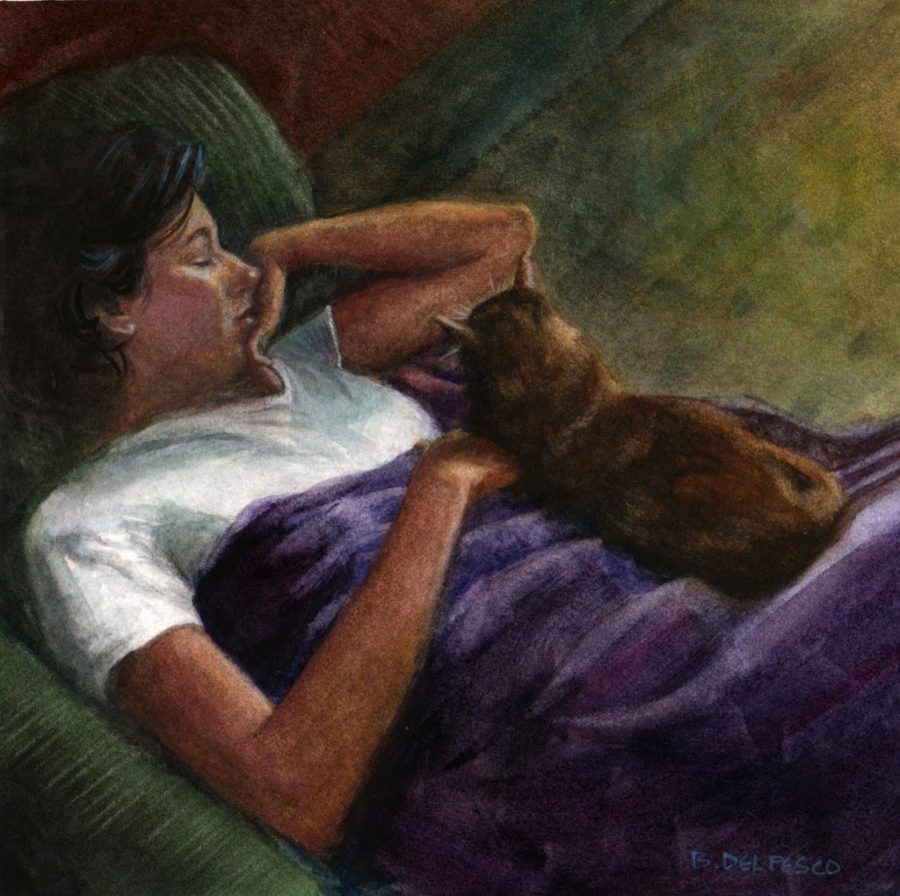a watercolor of a woman napping on a couch with a cat