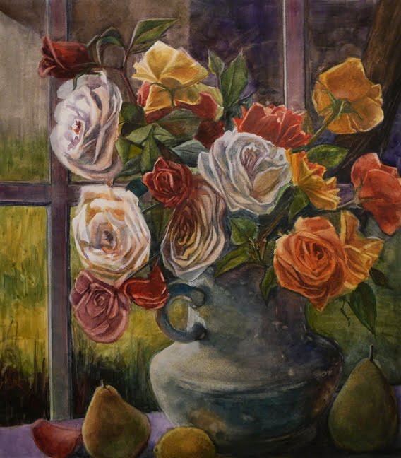 a watercolor of white, yellow and orange roses in a pewter colored milk pitcher in front of a window