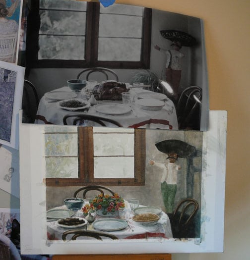 a watercolor in progress, with a thanksgiving table reference photos being painted as a floral and dessert ladden setting