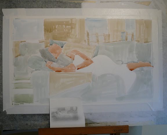 a figurative watercolor in process, showing just faint washes of watercolor and a small sketch
