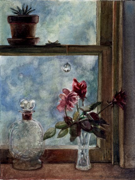 a watercolor still life painting of a window sill with glass and flowers