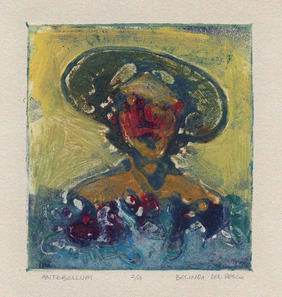 a glue collagraph print, fresh from the press, before added media enhanced the features of the woman in a hat