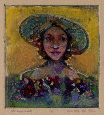 glue collagraph print of a woman in a broad rimmed hat