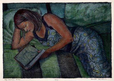 a collagraph print of a woman laying on pillows in a bed, reading a book