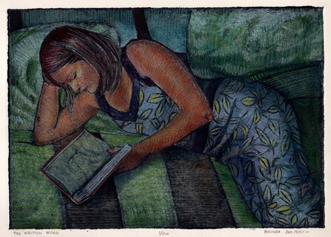a collagraph print of a woman laying on pillows in a bed, reading a book