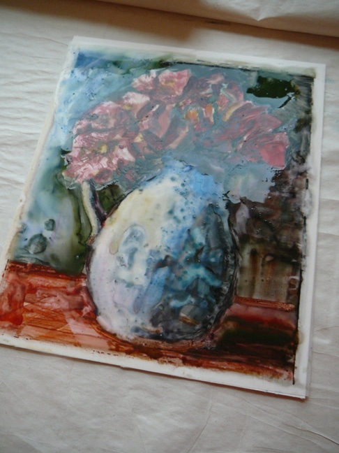 a wet painting of a vase of flowers on a sheet of drafting mylar