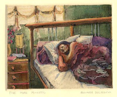 a monotype of a sleeping figure in bed