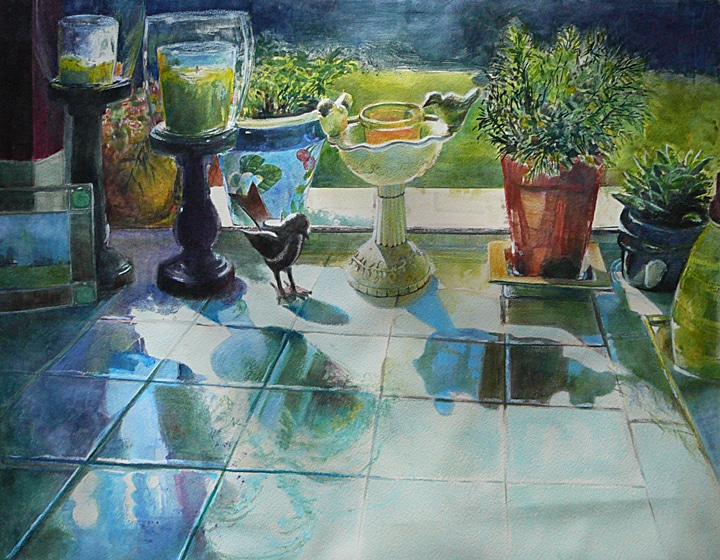 Candles and potted plants in a sunny window, casting shadows on white tiles