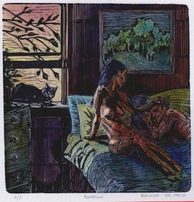 Linocut of a nude woman in bed, reaching for a sleeping man