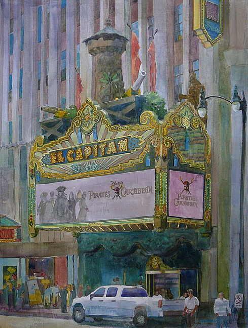 the El Capitan theater in watercolor