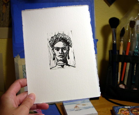 miniature linocut print of Friday Kahlo