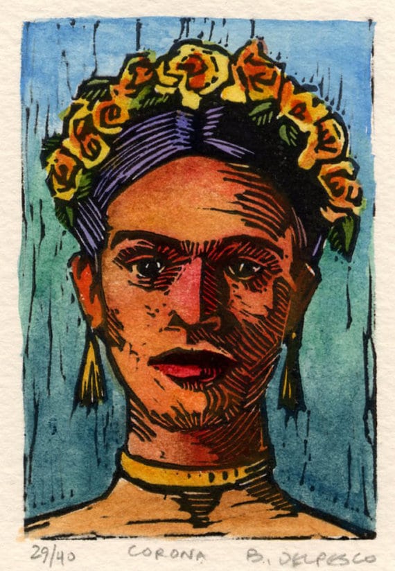 Miniature Linocut Print of Frida Kahlo