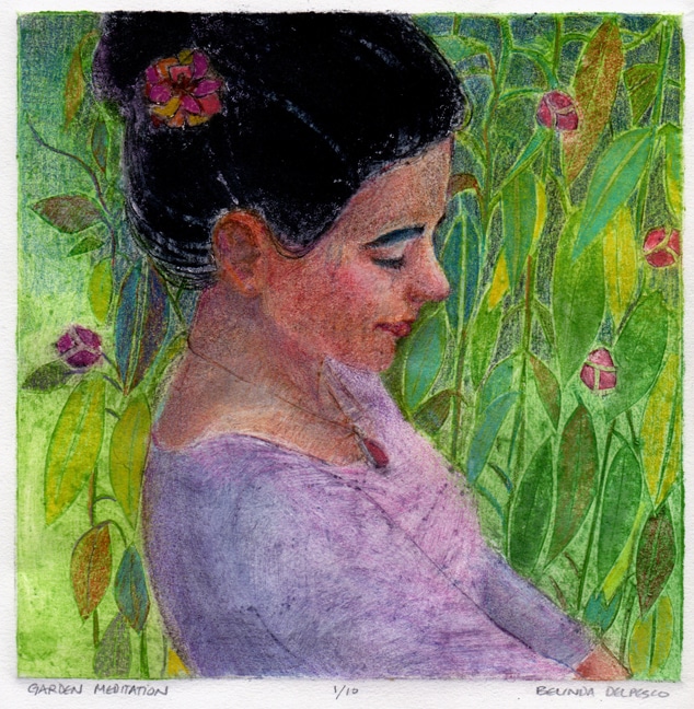 a profile of a woman with dark hear pulled up in a green and flowery garden