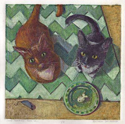 a collagraph print of cats waiting for breakfast