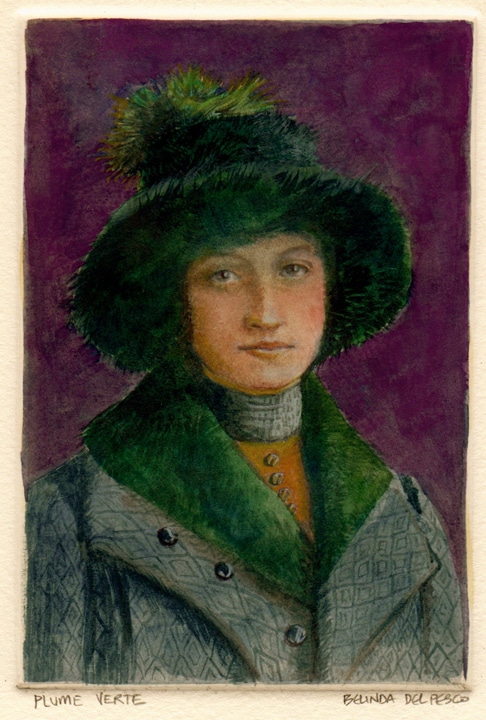 monotype ghost print with watercolor of a vintage girl in a heavy coat and a rimmed hat
