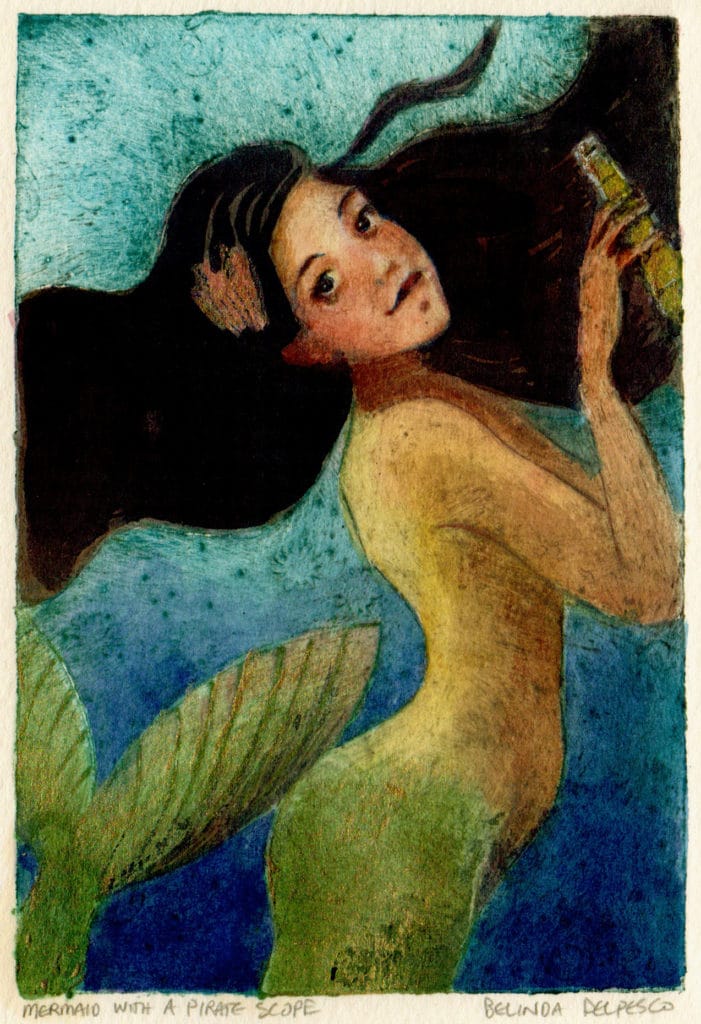 mermaid collagraph print