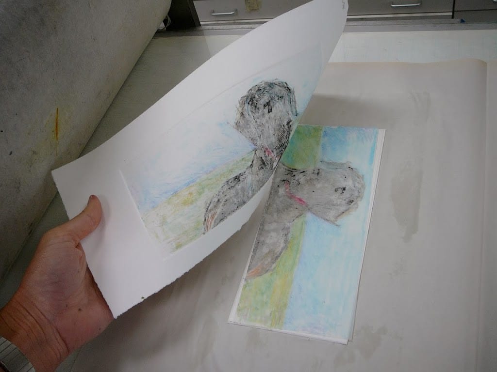 Pulling a sheet of paper off a a piece of drafting film that was colored with water-soluble crayon after a trip through the press. The pigments have been transferred to the paper as a result of the pressure.