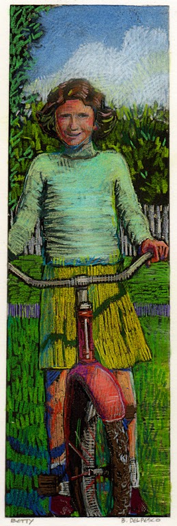 colored pencil and dark field monotype portrait of a girl on a bike in a vintage style