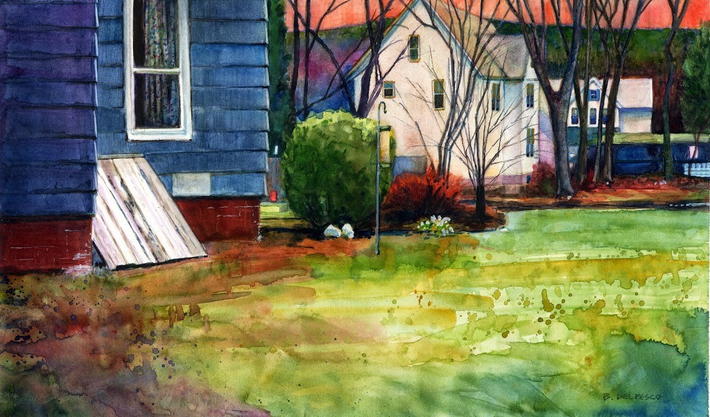 watercolor painting of a back yard in new england with a bulkhead under a window on a clapboard house