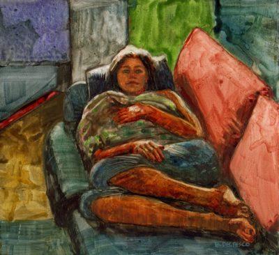water-soluble-graphite-portrait of a girl laying on a couch, with watercolor added