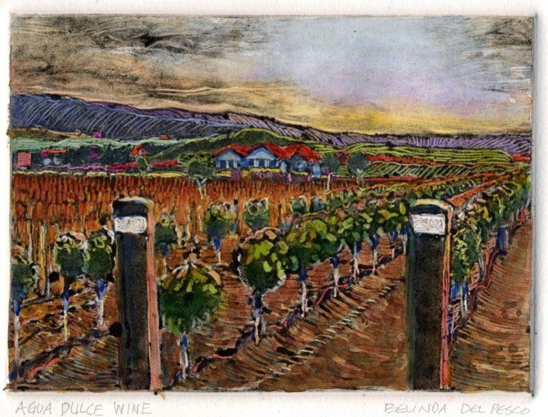 a monotype landscape of vintner's fields with rows of grapes