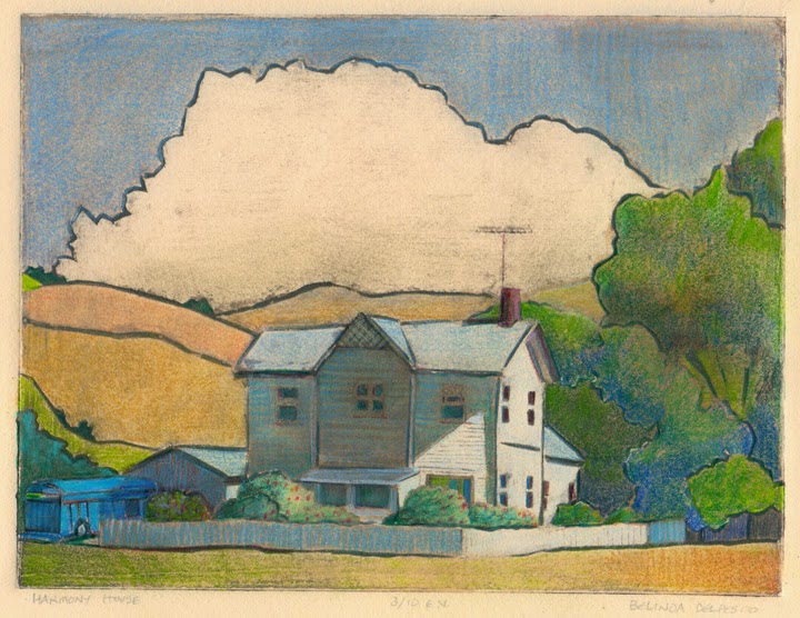 a portrait of a farmhouse printed from a sheet of mat board and colored by hand