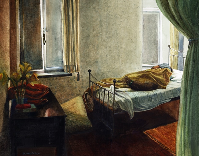 an interior scene watercolor, with a sleeping figure on a bed by some windows and a dog cuddled into the blankets