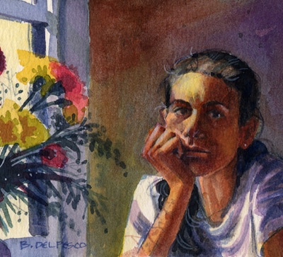 a watercolor portrait of the artist resting a chin on her hand