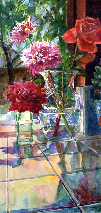 original watercolor of roses and dahlias